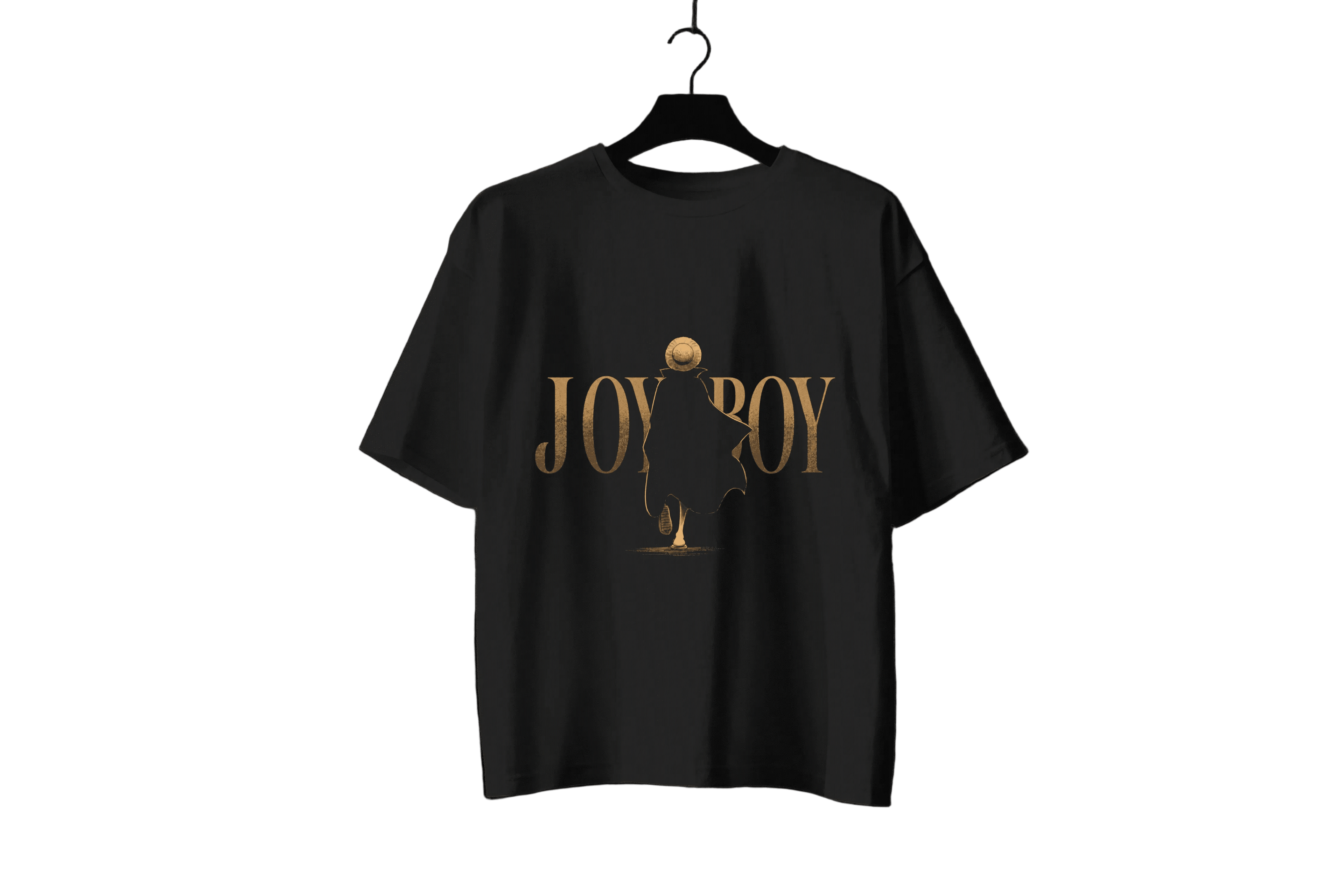 A black short-sleeve t-shirt hanging on a black hanger against a dark background, featuring a gold graphic print on the front with the text 'JOY BOY' and a stylized figure.