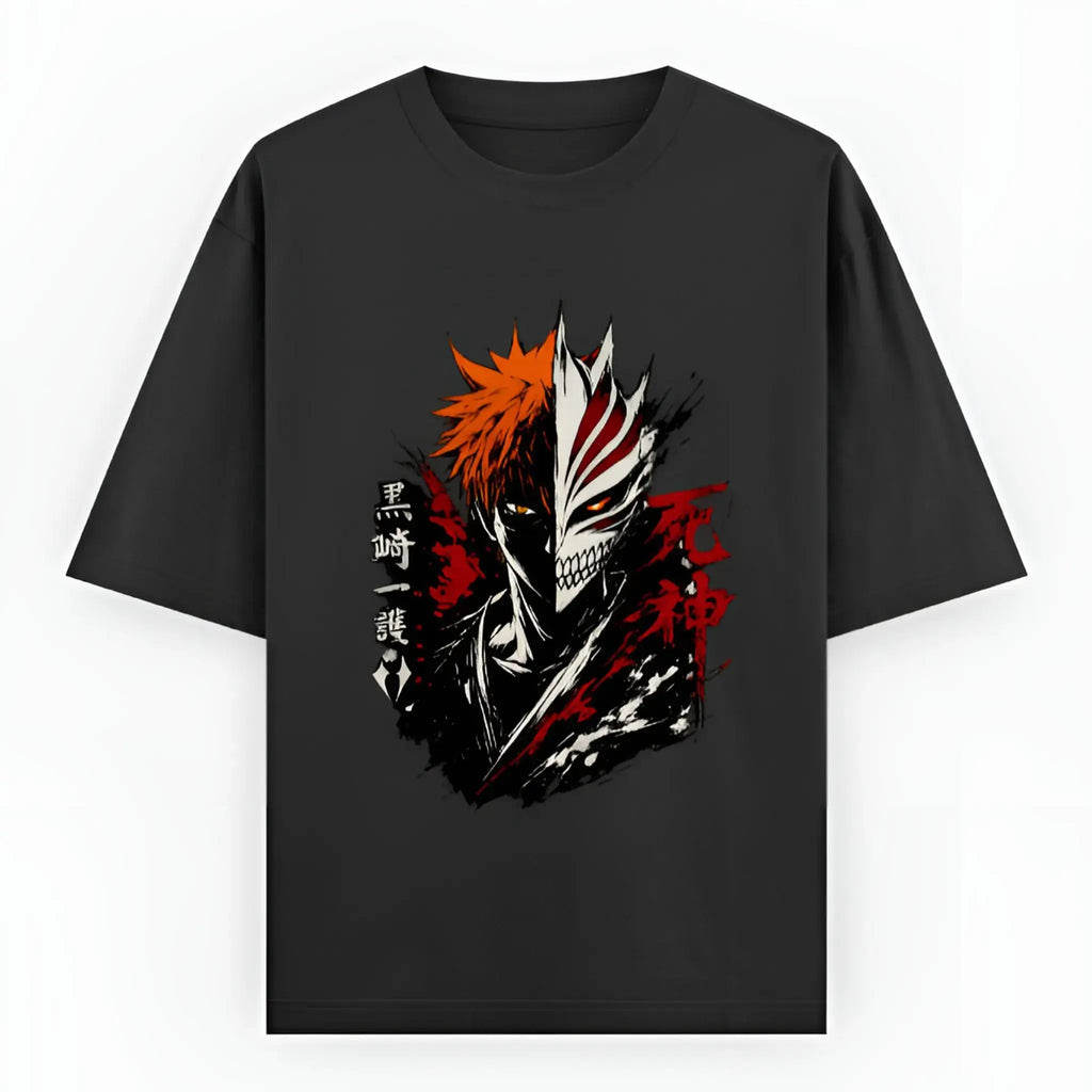 Black t-shirt with a graphic design featuring a ichigo with his skull mask on a white background.