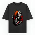 Black t-shirt with a graphic design featuring a ichigo with his skull mask on a white background.