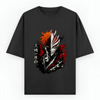 Black t-shirt with a graphic design featuring a ichigo with his skull mask on a white background.