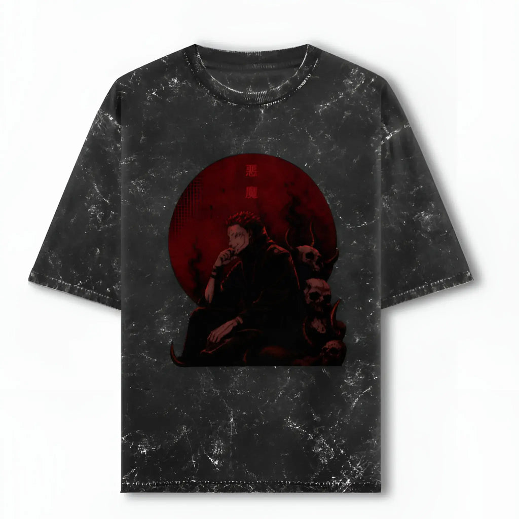 Black t-shirt with a graphic design of sakuna from an anime with background of white