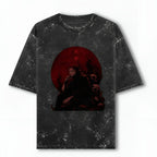 Black t-shirt with a graphic design of sakuna from an anime with background of white